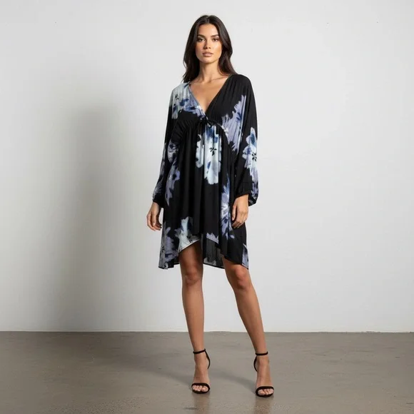 Venus Black Floral V-Neck Boho Slouchy Caftan Hi-Low Mini Dress Size Large - Picture 2 of 9